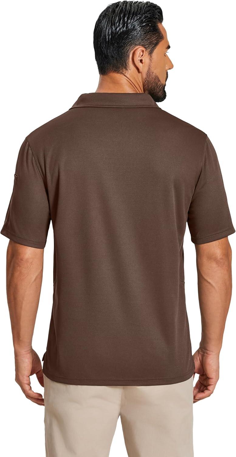 imageCOOFANDY Mens Polo Shirts Short Sleeve Quick Dry Performance Golf Polos Tactical Work Shirts with Pen PocketBrown
