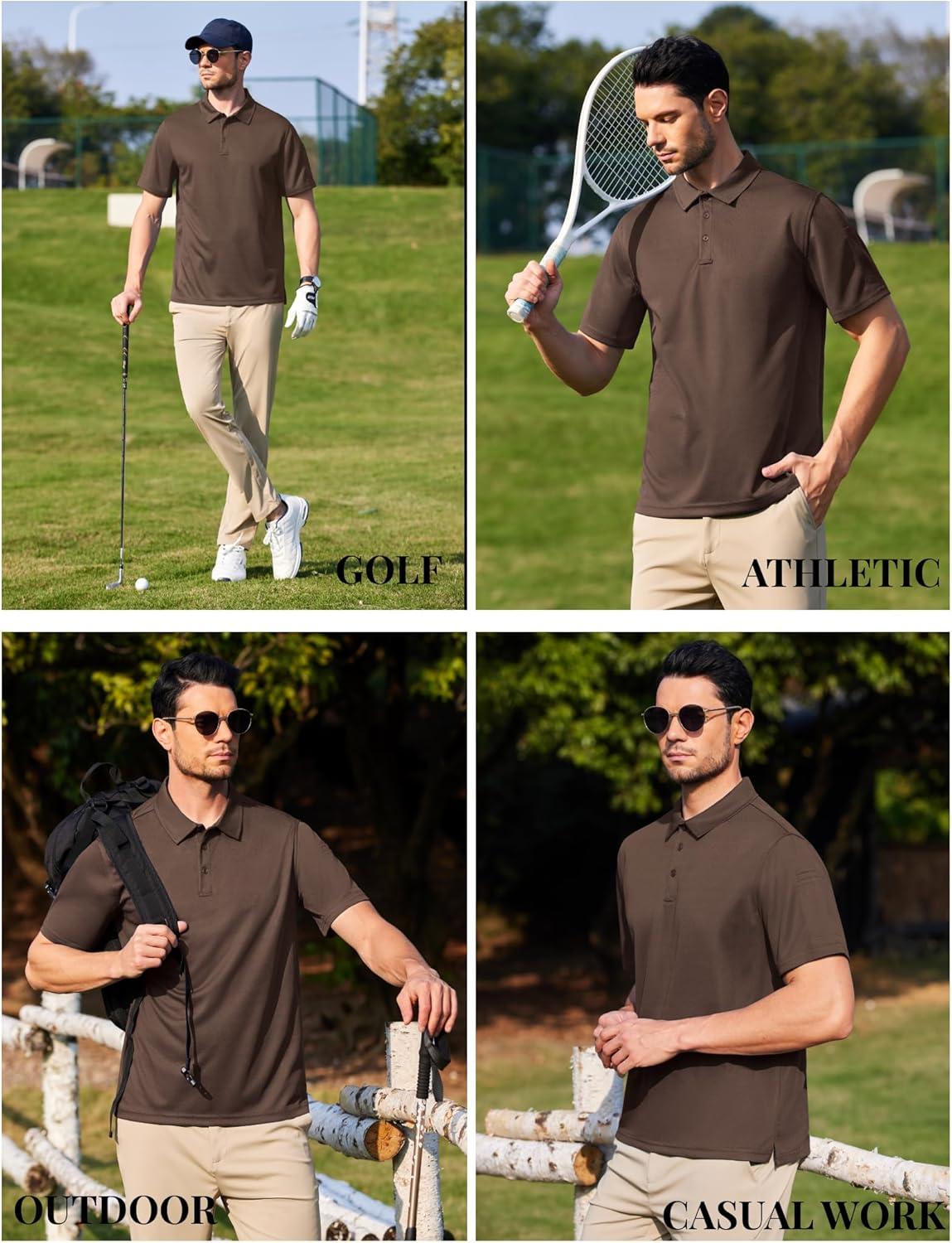 imageCOOFANDY Mens Polo Shirts Short Sleeve Quick Dry Performance Golf Polos Tactical Work Shirts with Pen PocketBrown