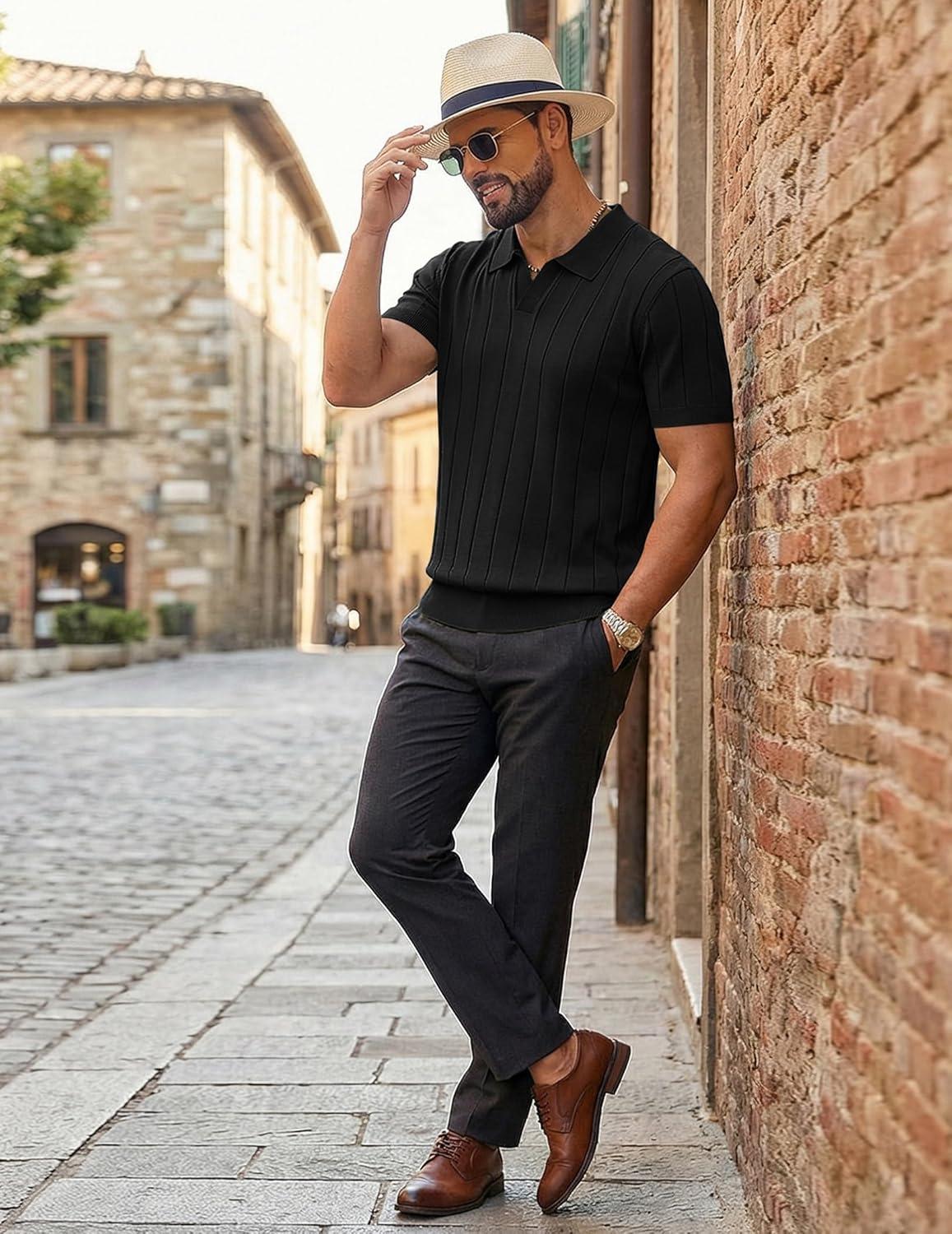 imageCOOFANDY Mens Polo Shirts Short Sleeve V Neck Knit Shirts for Men Casual Old Money Clothes Mens Golf ShirtBlack