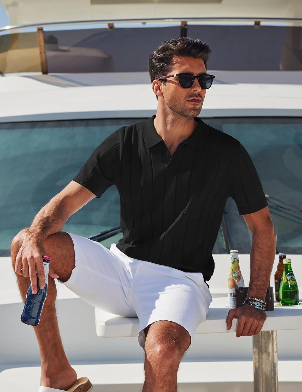 imageCOOFANDY Mens Polo Shirts Short Sleeve V Neck Knit Shirts for Men Casual Old Money Clothes Mens Golf ShirtBlack