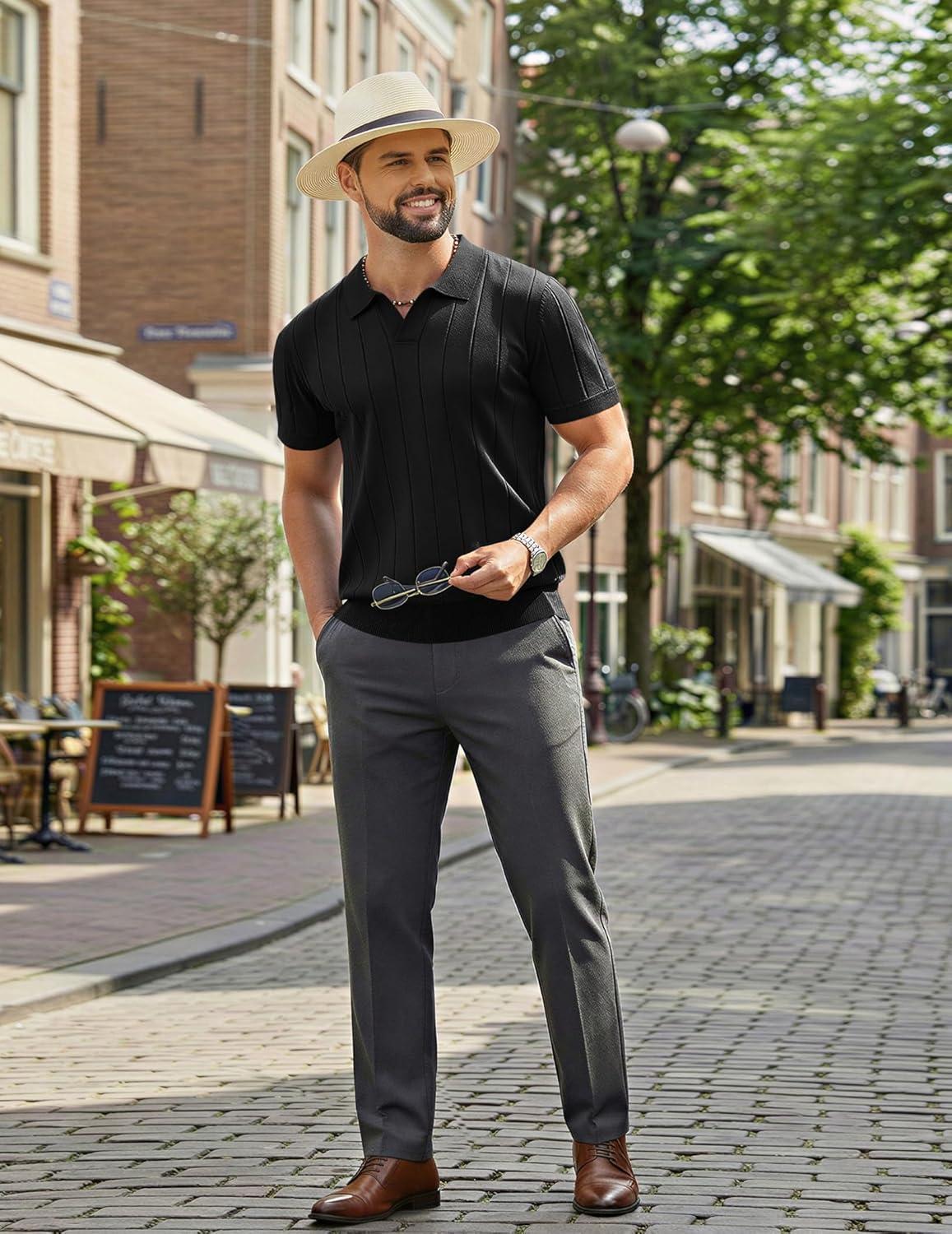 imageCOOFANDY Mens Polo Shirts Short Sleeve V Neck Knit Shirts for Men Casual Old Money Clothes Mens Golf ShirtBlack