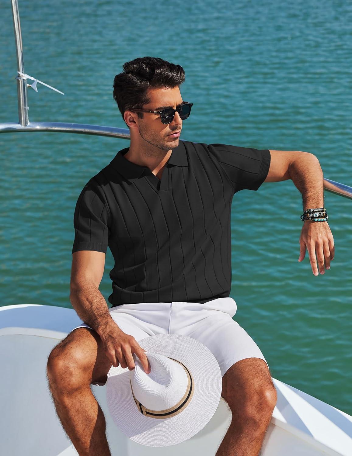 imageCOOFANDY Mens Polo Shirts Short Sleeve V Neck Knit Shirts for Men Casual Old Money Clothes Mens Golf ShirtBlack