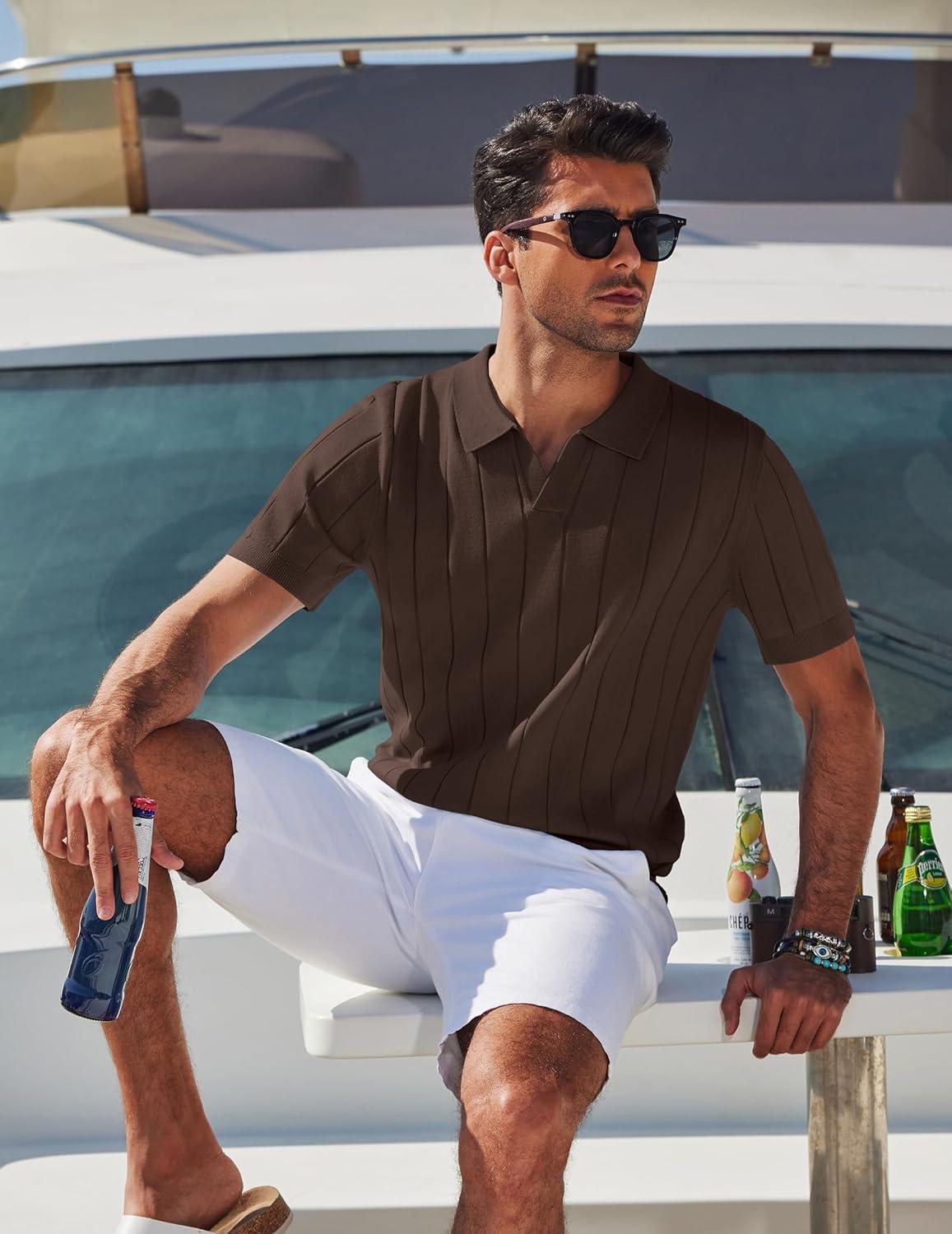 imageCOOFANDY Mens Polo Shirts Short Sleeve V Neck Knit Shirts for Men Casual Old Money Clothes Mens Golf ShirtBrown