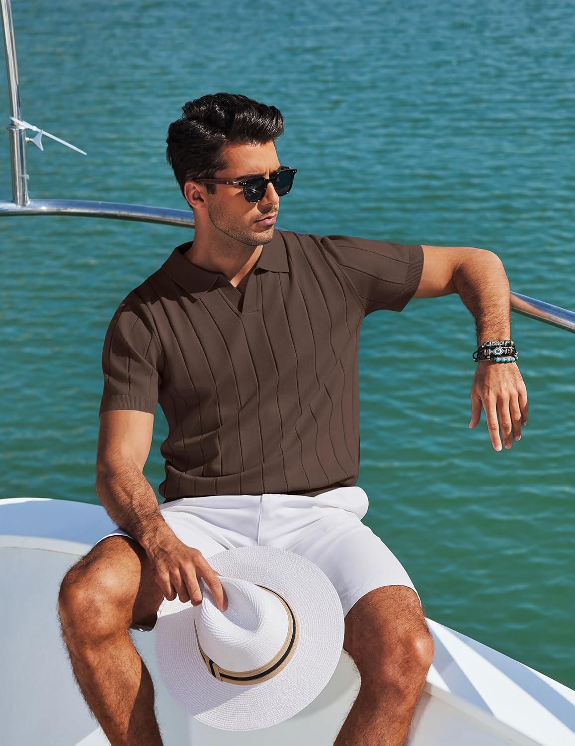 imageCOOFANDY Mens Polo Shirts Short Sleeve V Neck Knit Shirts for Men Casual Old Money Clothes Mens Golf ShirtBrown
