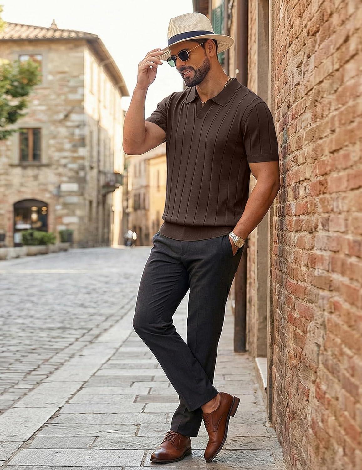 imageCOOFANDY Mens Polo Shirts Short Sleeve V Neck Knit Shirts for Men Casual Old Money Clothes Mens Golf ShirtBrown