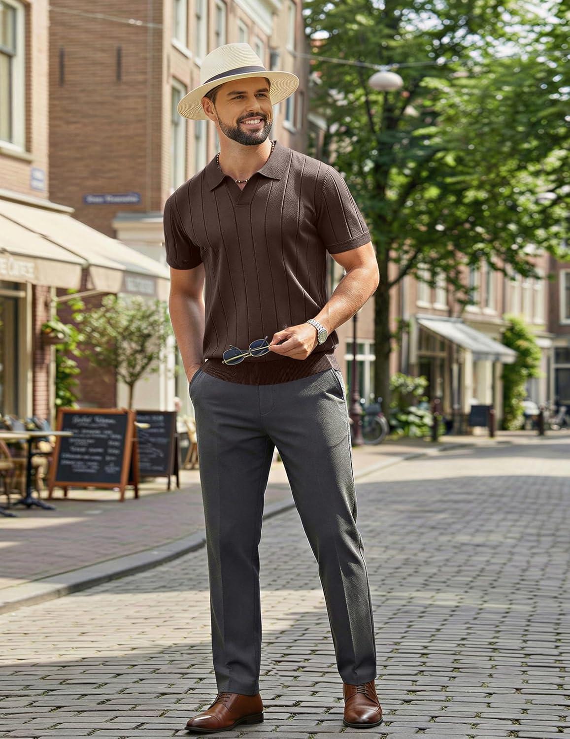 imageCOOFANDY Mens Polo Shirts Short Sleeve V Neck Knit Shirts for Men Casual Old Money Clothes Mens Golf ShirtBrown