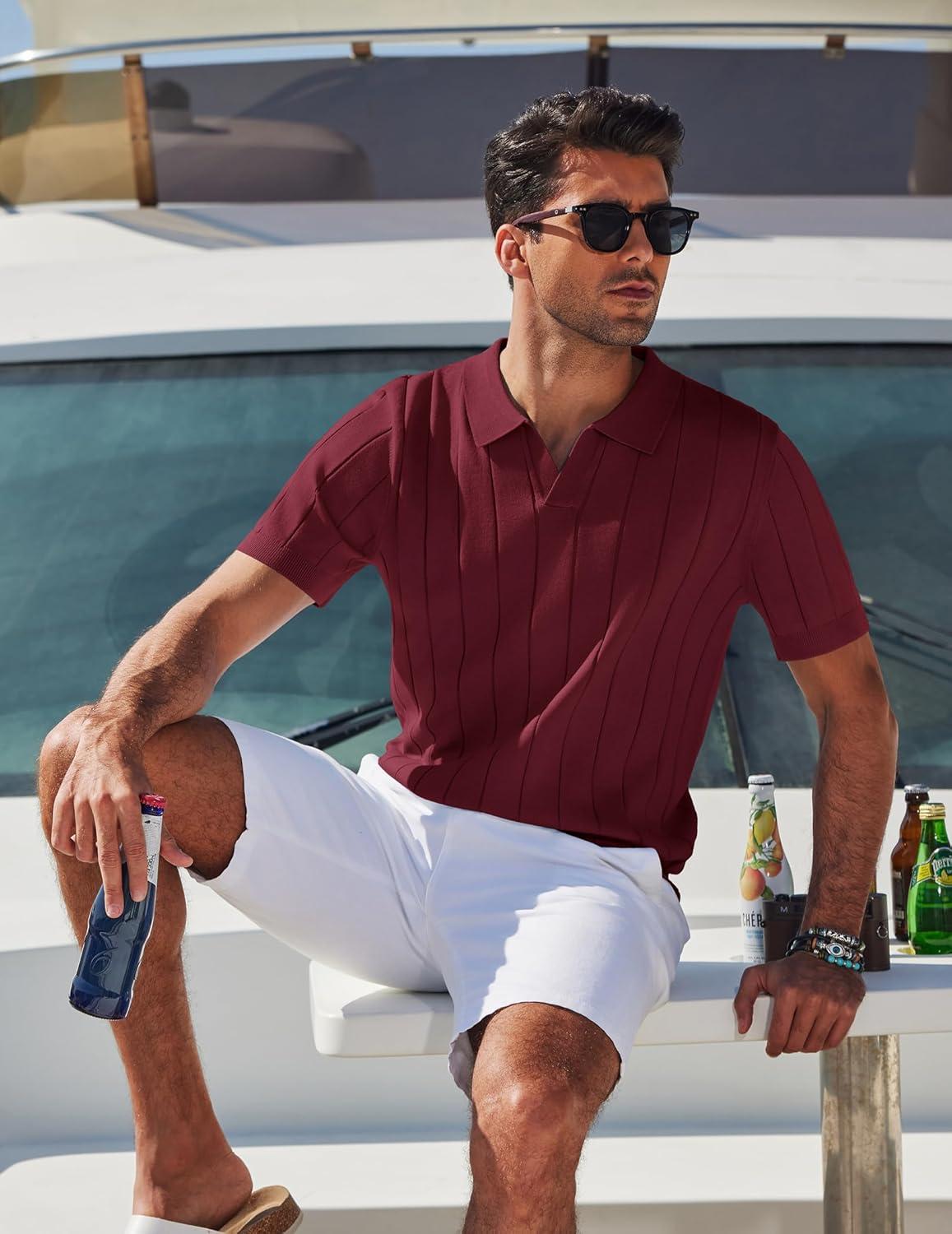 imageCOOFANDY Mens Polo Shirts Short Sleeve V Neck Knit Shirts for Men Casual Old Money Clothes Mens Golf ShirtDark Red
