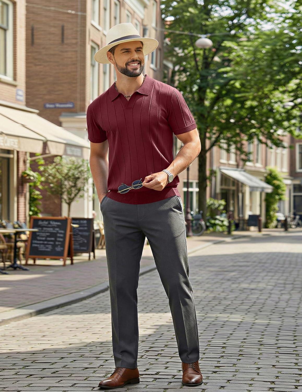 imageCOOFANDY Mens Polo Shirts Short Sleeve V Neck Knit Shirts for Men Casual Old Money Clothes Mens Golf ShirtDark Red
