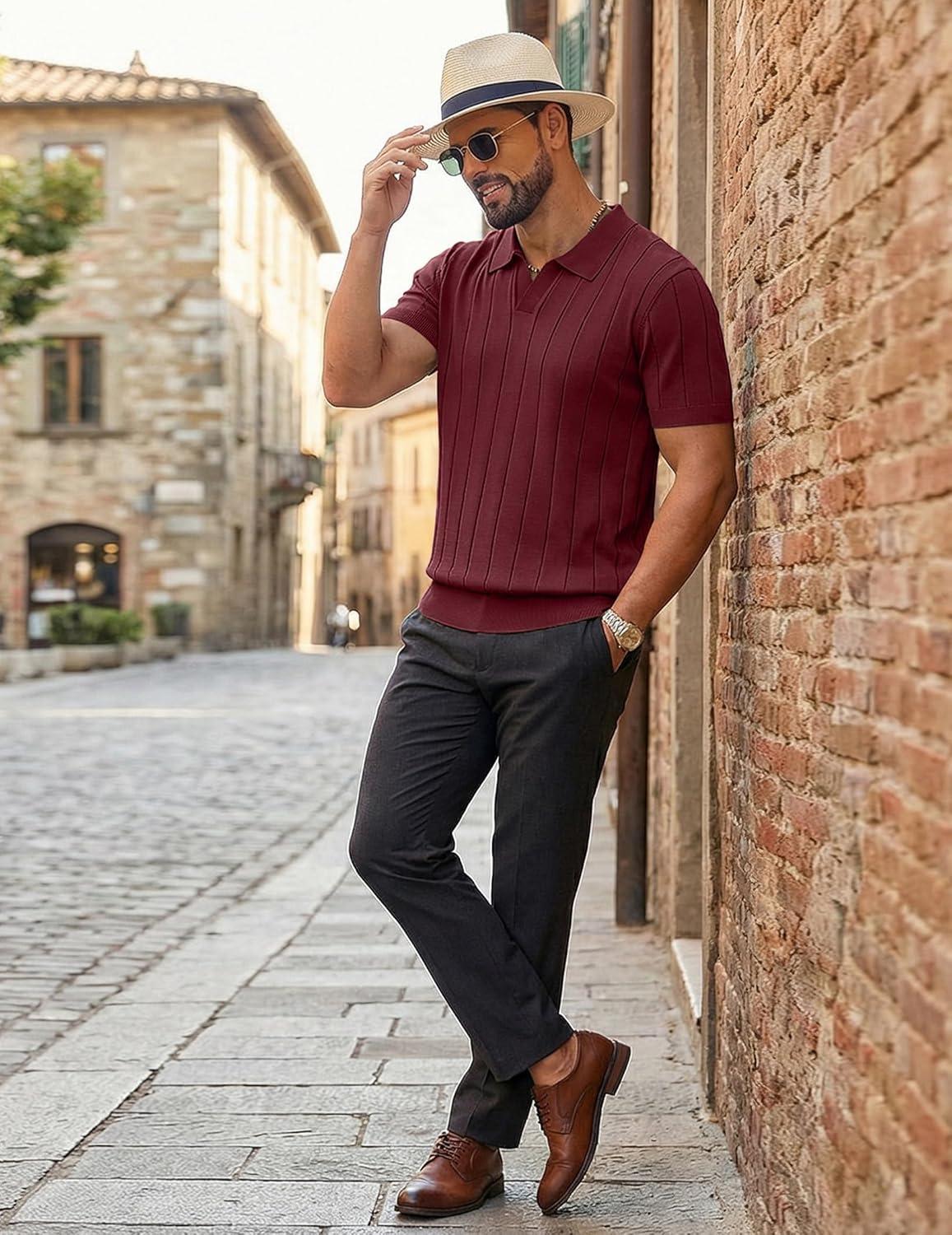 imageCOOFANDY Mens Polo Shirts Short Sleeve V Neck Knit Shirts for Men Casual Old Money Clothes Mens Golf ShirtDark Red