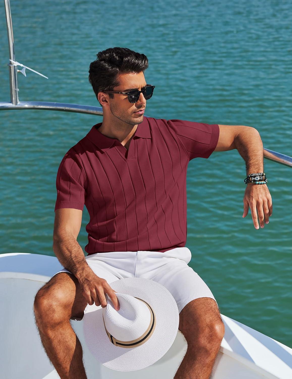 imageCOOFANDY Mens Polo Shirts Short Sleeve V Neck Knit Shirts for Men Casual Old Money Clothes Mens Golf ShirtDark Red