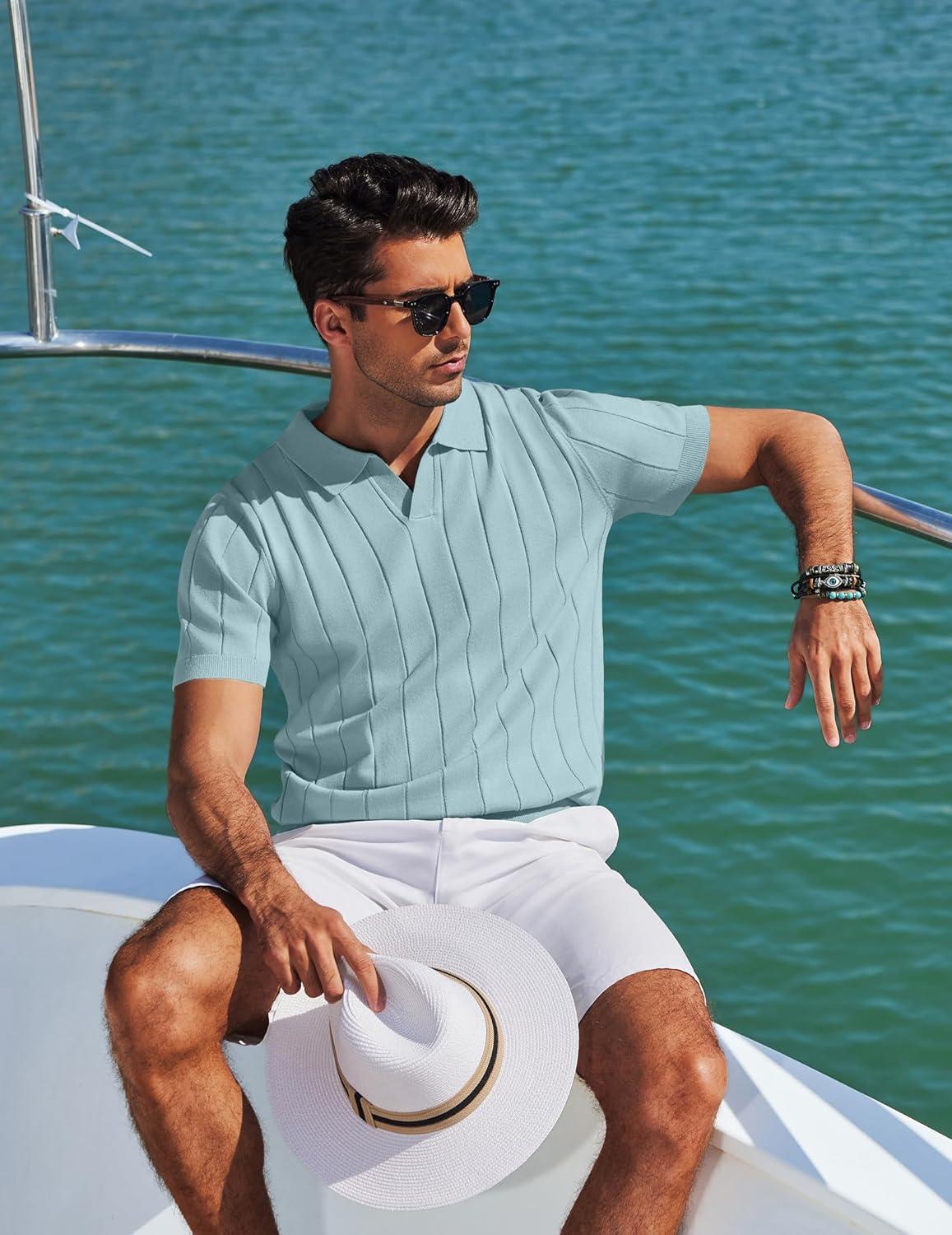 imageCOOFANDY Mens Polo Shirts Short Sleeve V Neck Knit Shirts for Men Casual Old Money Clothes Mens Golf ShirtLight Green