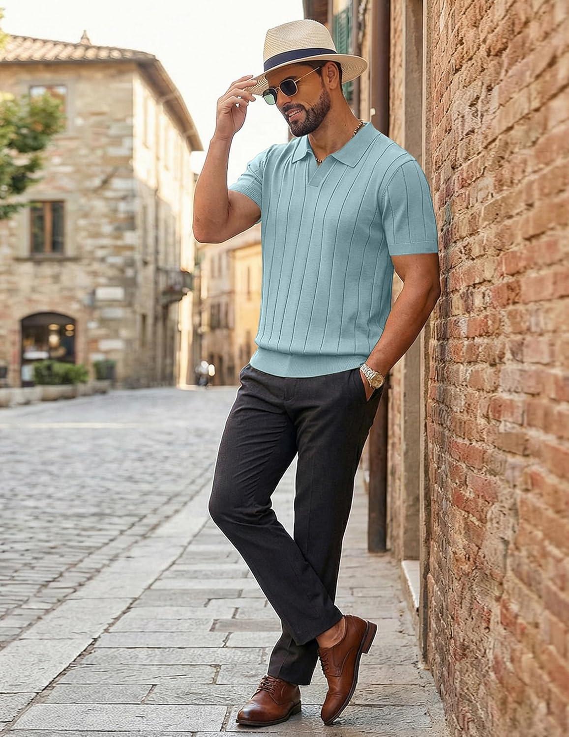 imageCOOFANDY Mens Polo Shirts Short Sleeve V Neck Knit Shirts for Men Casual Old Money Clothes Mens Golf ShirtLight Green