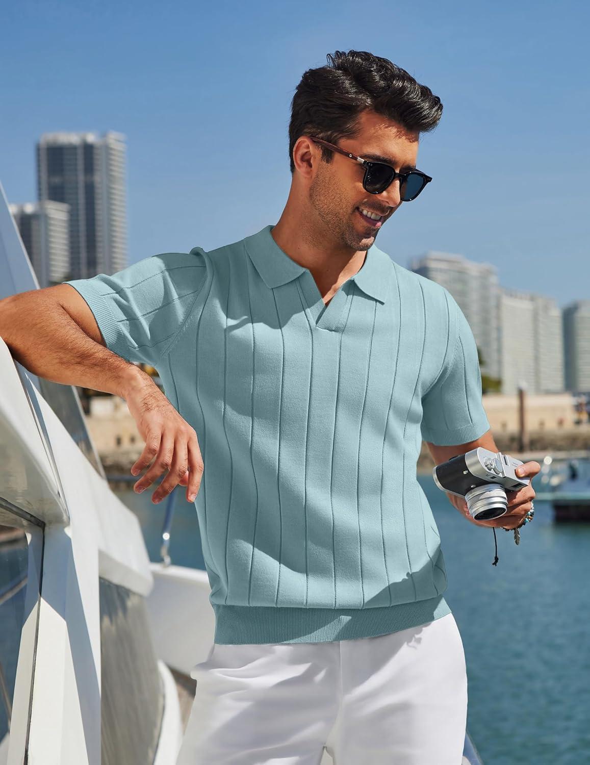 imageCOOFANDY Mens Polo Shirts Short Sleeve V Neck Knit Shirts for Men Casual Old Money Clothes Mens Golf ShirtLight Green