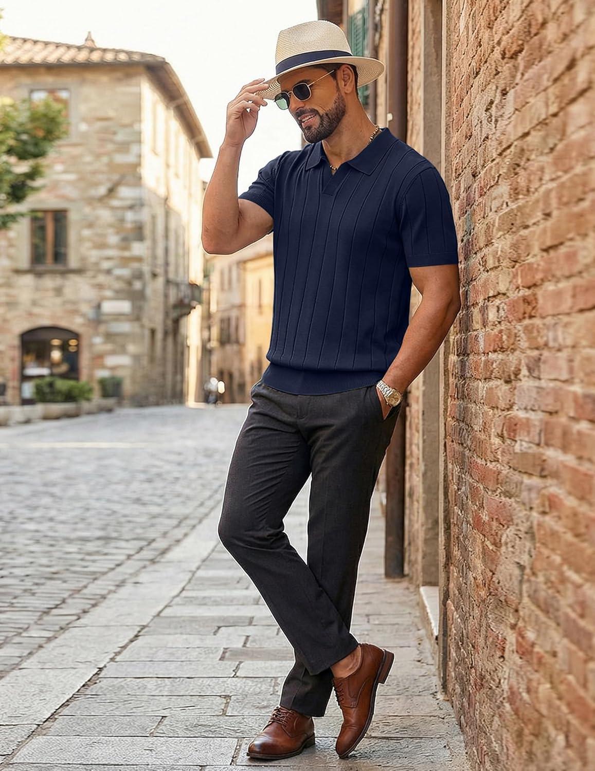 imageCOOFANDY Mens Polo Shirts Short Sleeve V Neck Knit Shirts for Men Casual Old Money Clothes Mens Golf ShirtNavy Blue