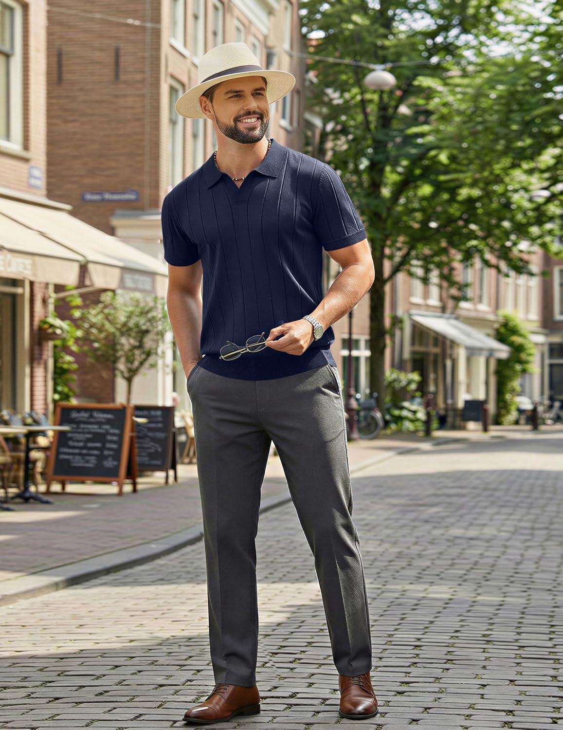 imageCOOFANDY Mens Polo Shirts Short Sleeve V Neck Knit Shirts for Men Casual Old Money Clothes Mens Golf ShirtNavy Blue