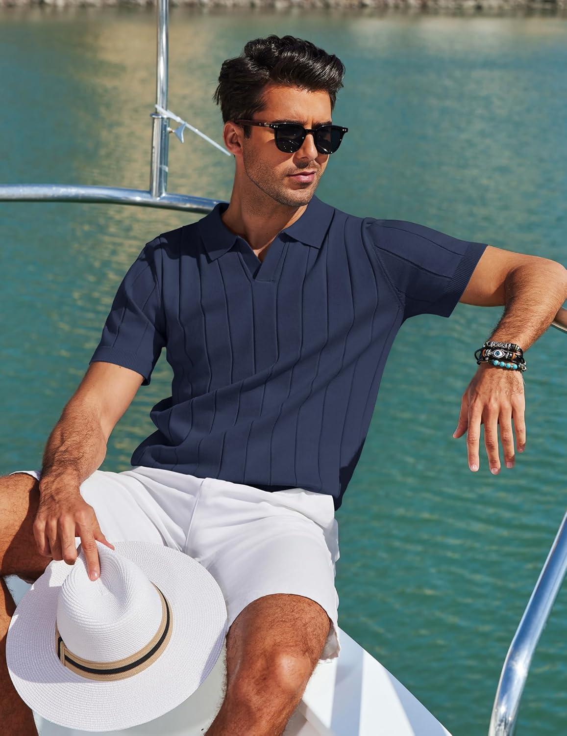 imageCOOFANDY Mens Polo Shirts Short Sleeve V Neck Knit Shirts for Men Casual Old Money Clothes Mens Golf ShirtNavy Blue