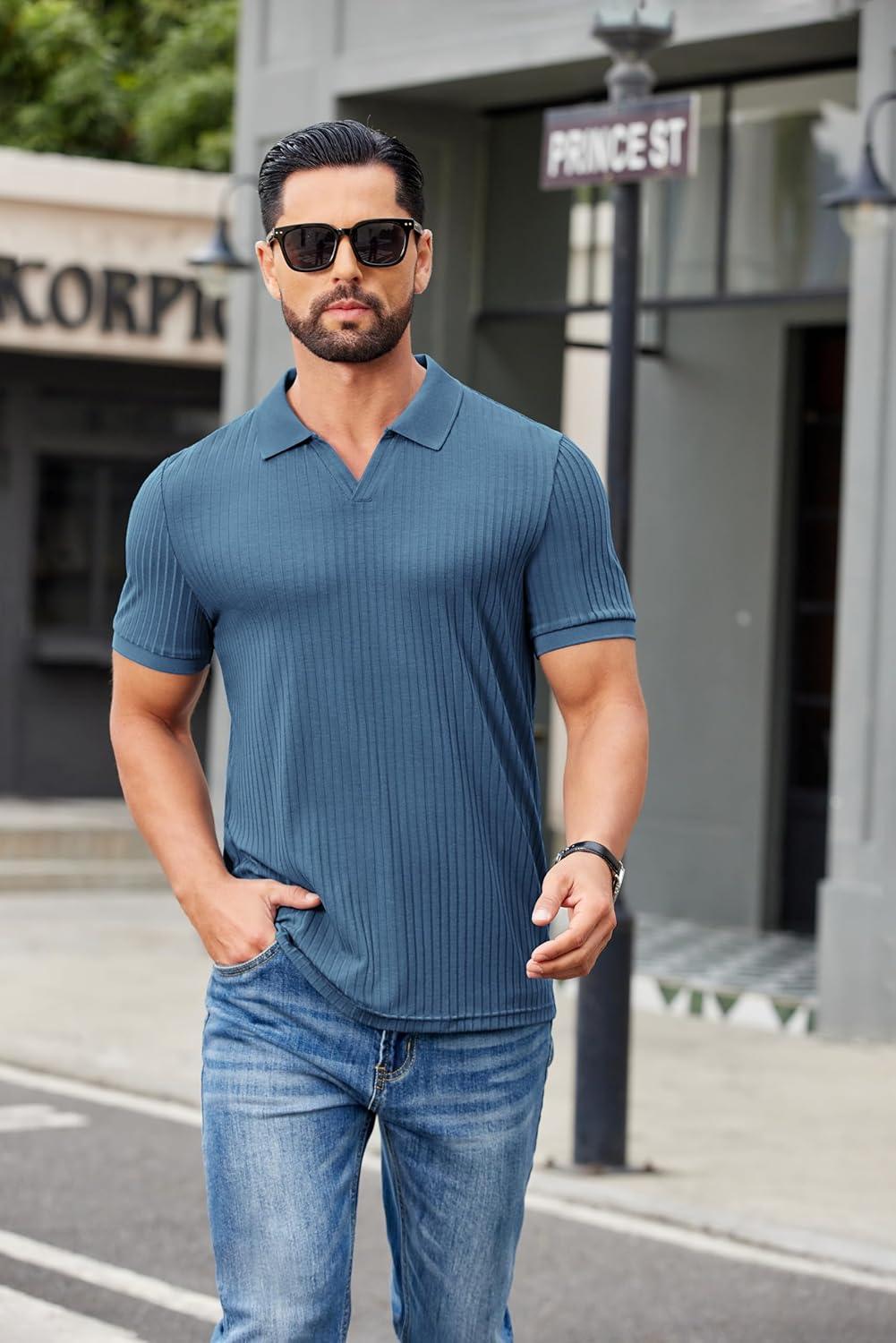 imageCOOFANDY Mens Ribbed Polo Shirts Short Sleeve V Neck Slim Fit Polo TShirt Casual Summer Collared Golf ShirtGray Blue