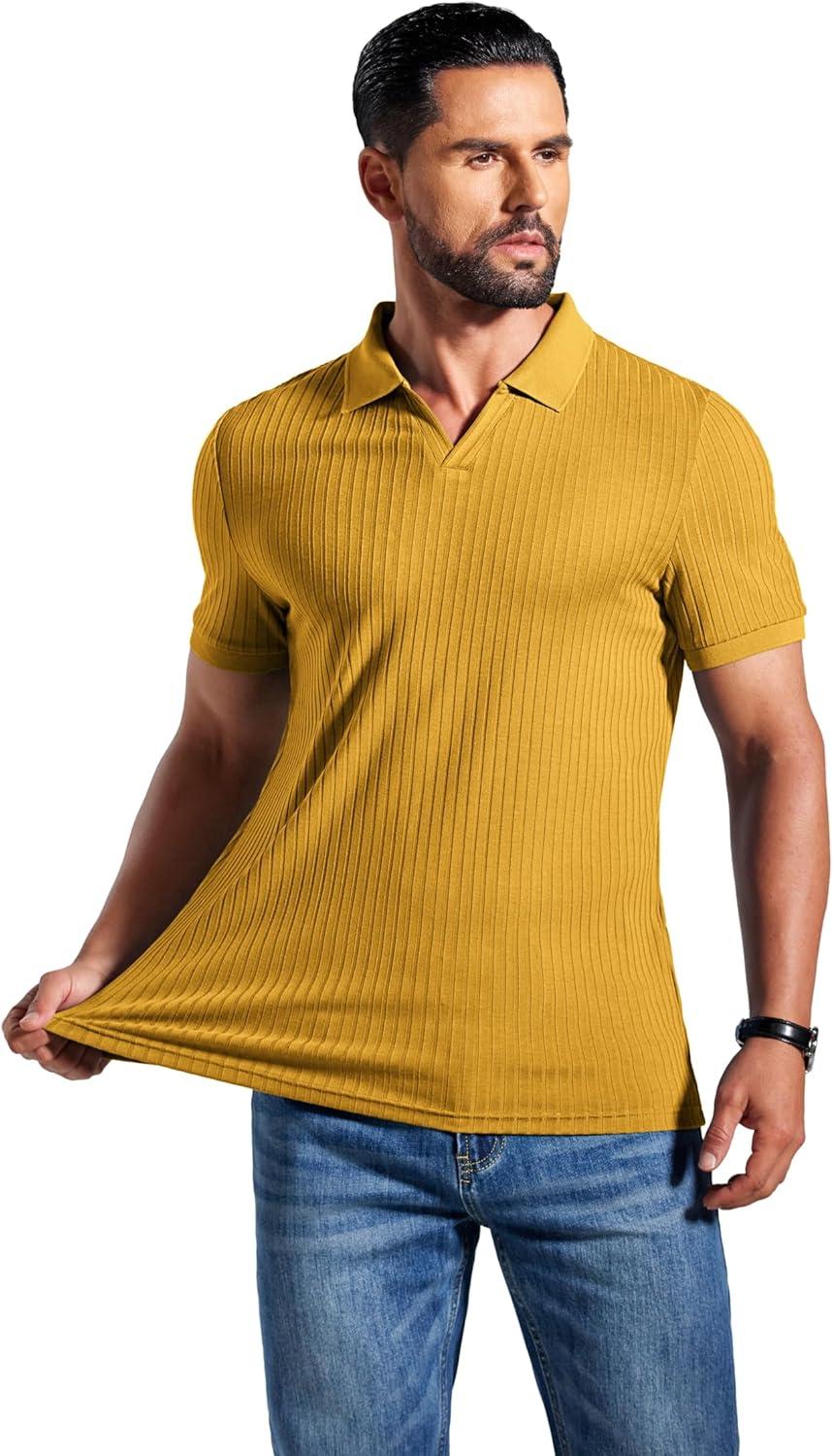 imageCOOFANDY Mens Ribbed Polo Shirts Short Sleeve V Neck Slim Fit Polo TShirt Casual Summer Collared Golf ShirtYellow