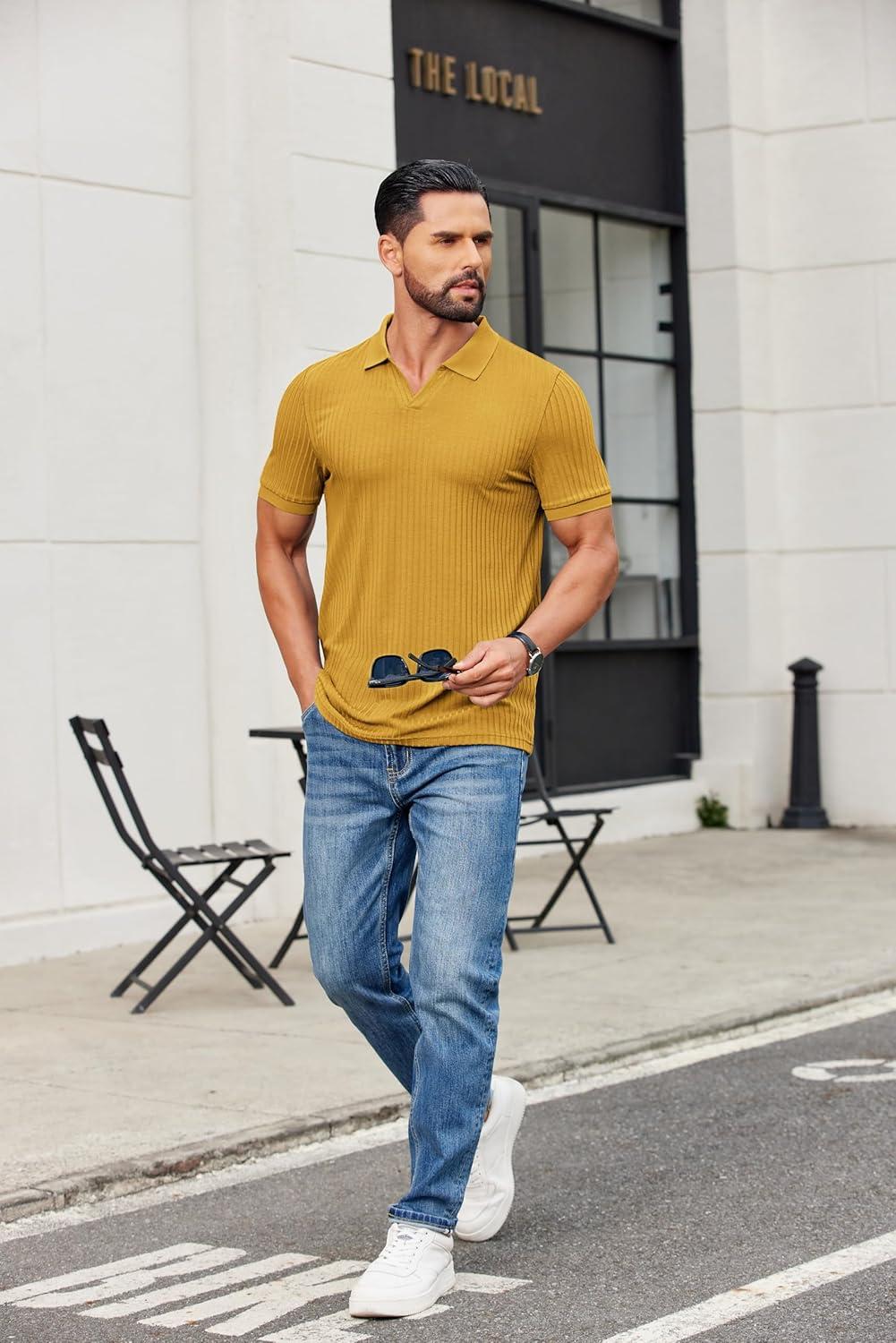imageCOOFANDY Mens Ribbed Polo Shirts Short Sleeve V Neck Slim Fit Polo TShirt Casual Summer Collared Golf ShirtYellow