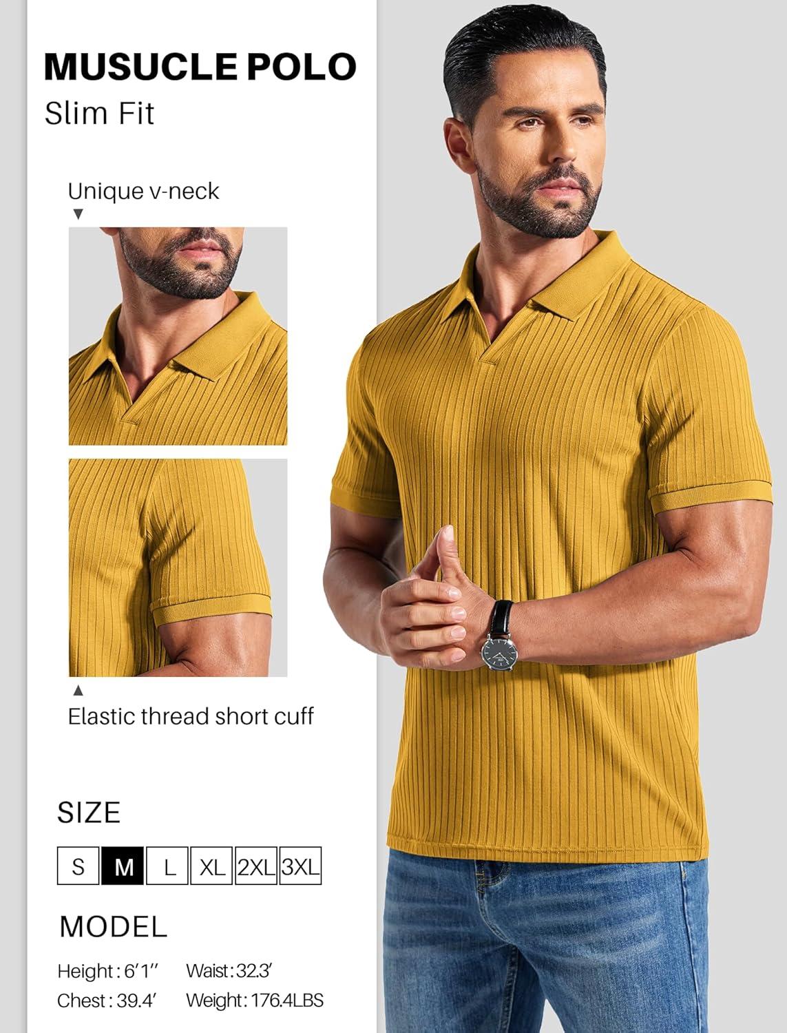 imageCOOFANDY Mens Ribbed Polo Shirts Short Sleeve V Neck Slim Fit Polo TShirt Casual Summer Collared Golf ShirtYellow