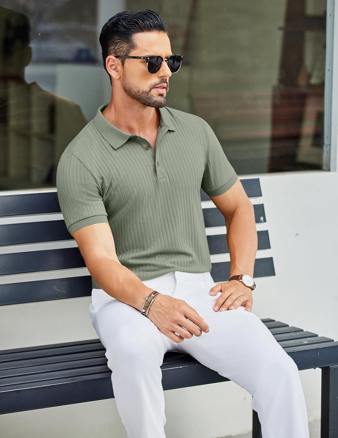 imageCOOFANDY Mens Textured Polo Shirts Short Sleeve Slim Fit Casual Button Polo TShirt Summer Collared Golf ShirtBlight Green