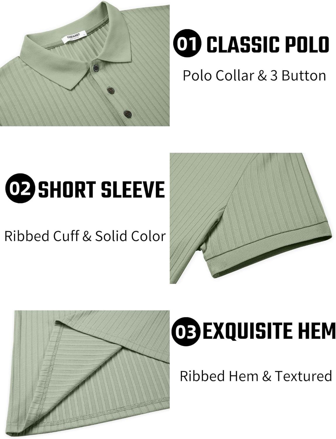 imageCOOFANDY Mens Textured Polo Shirts Short Sleeve Slim Fit Casual Button Polo TShirt Summer Collared Golf ShirtBlight Green