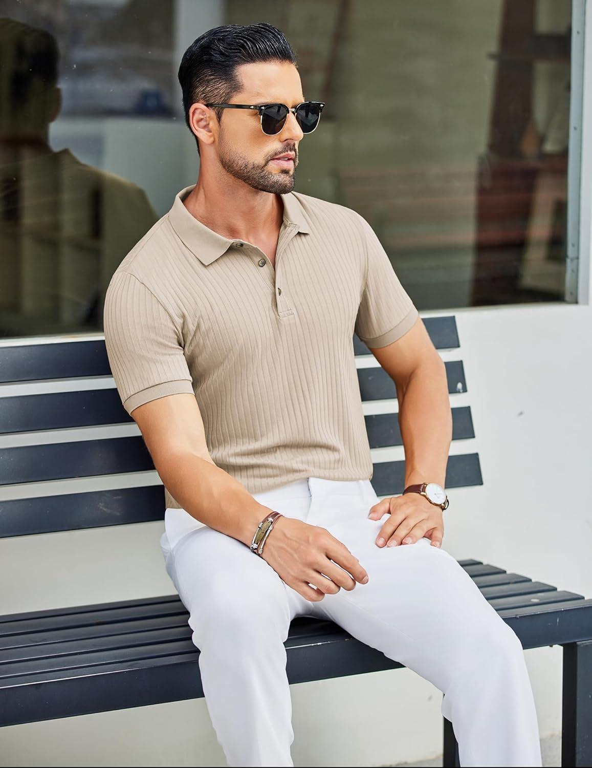 imageCOOFANDY Mens Textured Polo Shirts Short Sleeve Slim Fit Casual Button Polo TShirt Summer Collared Golf ShirtLight Khaki