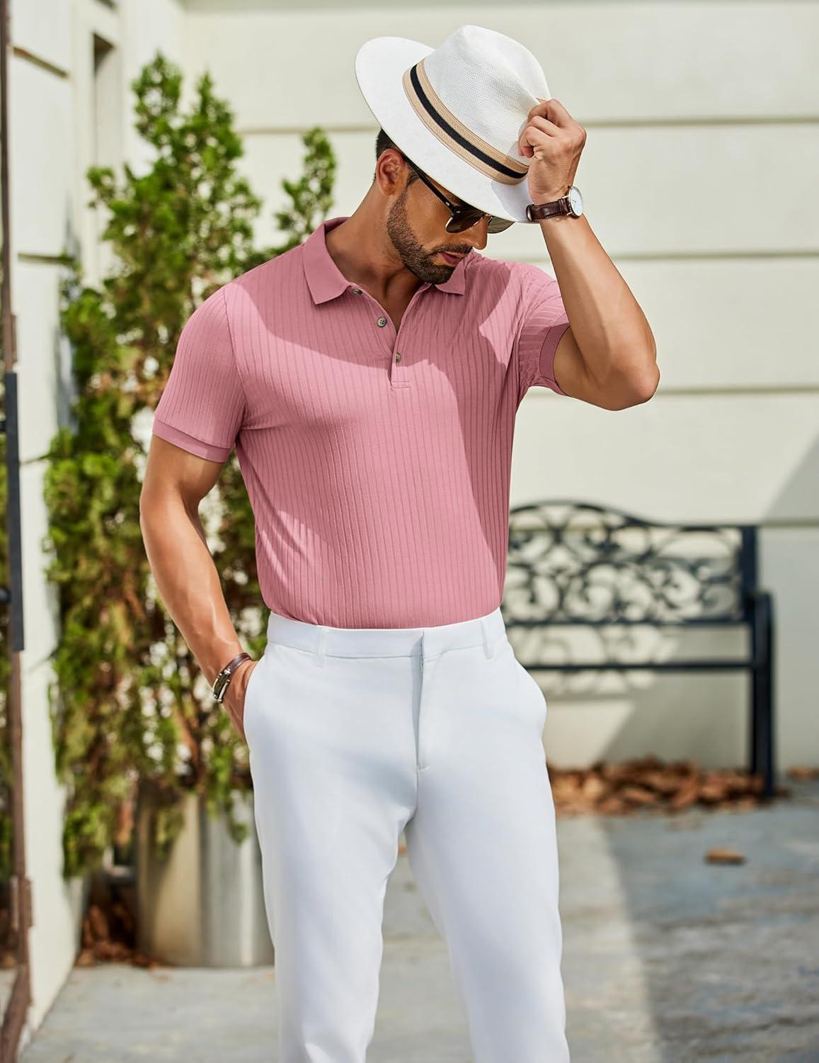 imageCOOFANDY Mens Textured Polo Shirts Short Sleeve Slim Fit Casual Button Polo TShirt Summer Collared Golf ShirtPink