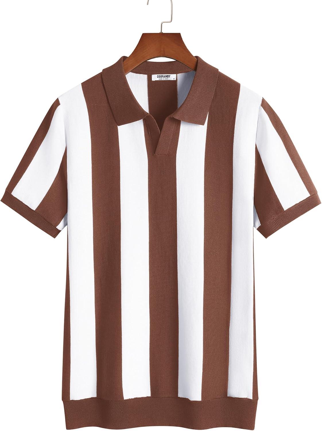imageCOOFANDY Mens V Neck Short Sleeve Stretch Knit Polo ShirtCoffee White Stripes