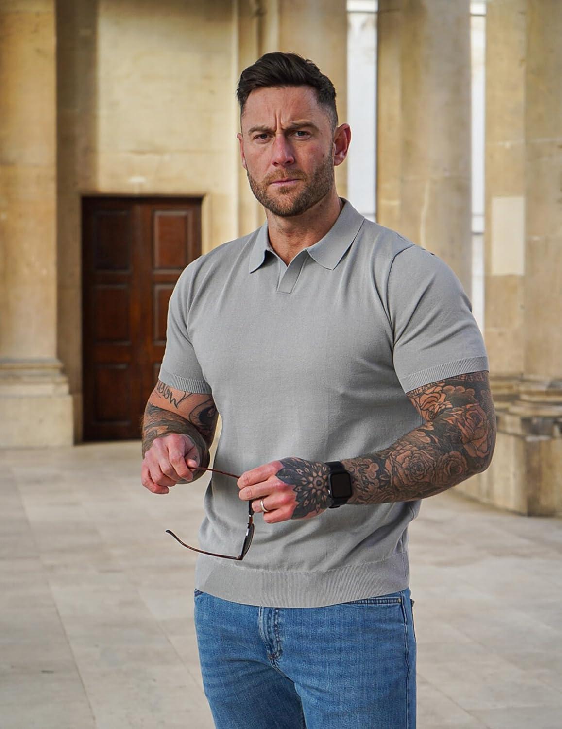 imageCOOFANDY Mens V Neck Short Sleeve Stretch Knit Polo ShirtGray