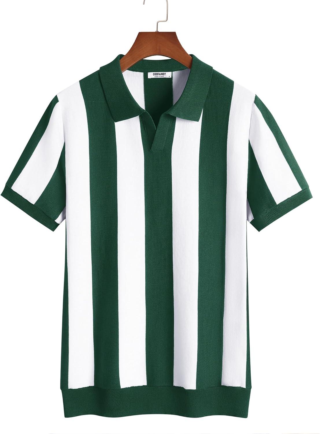 imageCOOFANDY Mens V Neck Short Sleeve Stretch Knit Polo ShirtGreen White Stripes