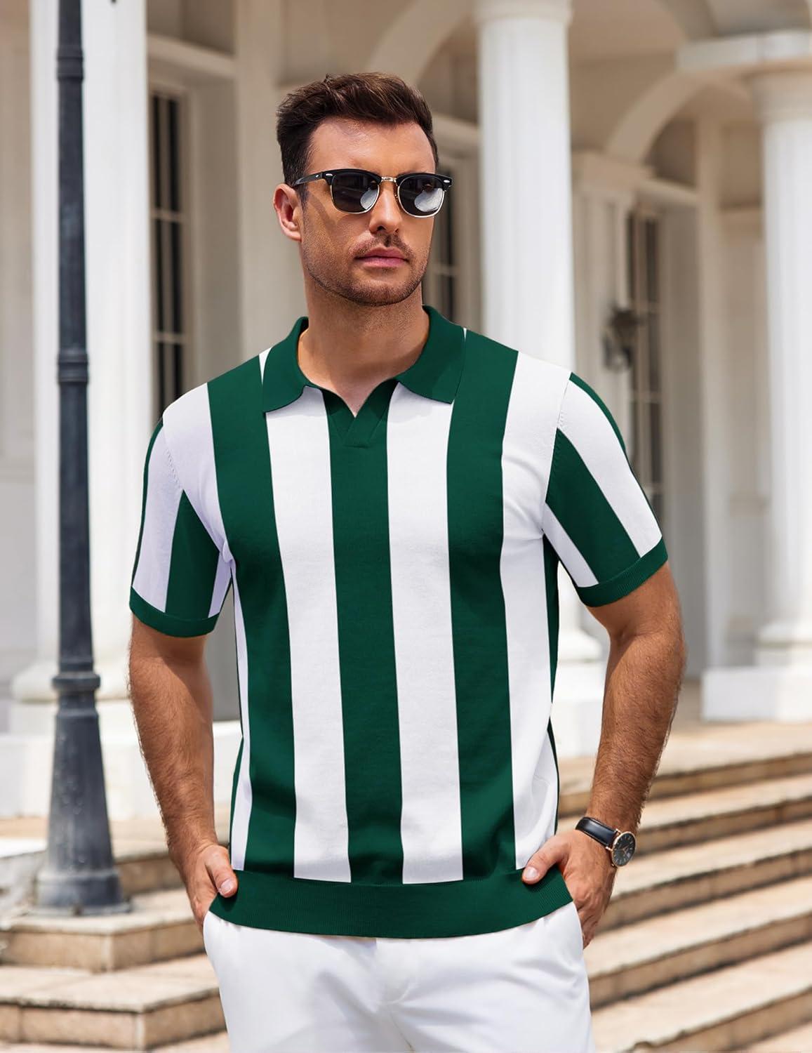 imageCOOFANDY Mens V Neck Short Sleeve Stretch Knit Polo ShirtGreen White Stripes