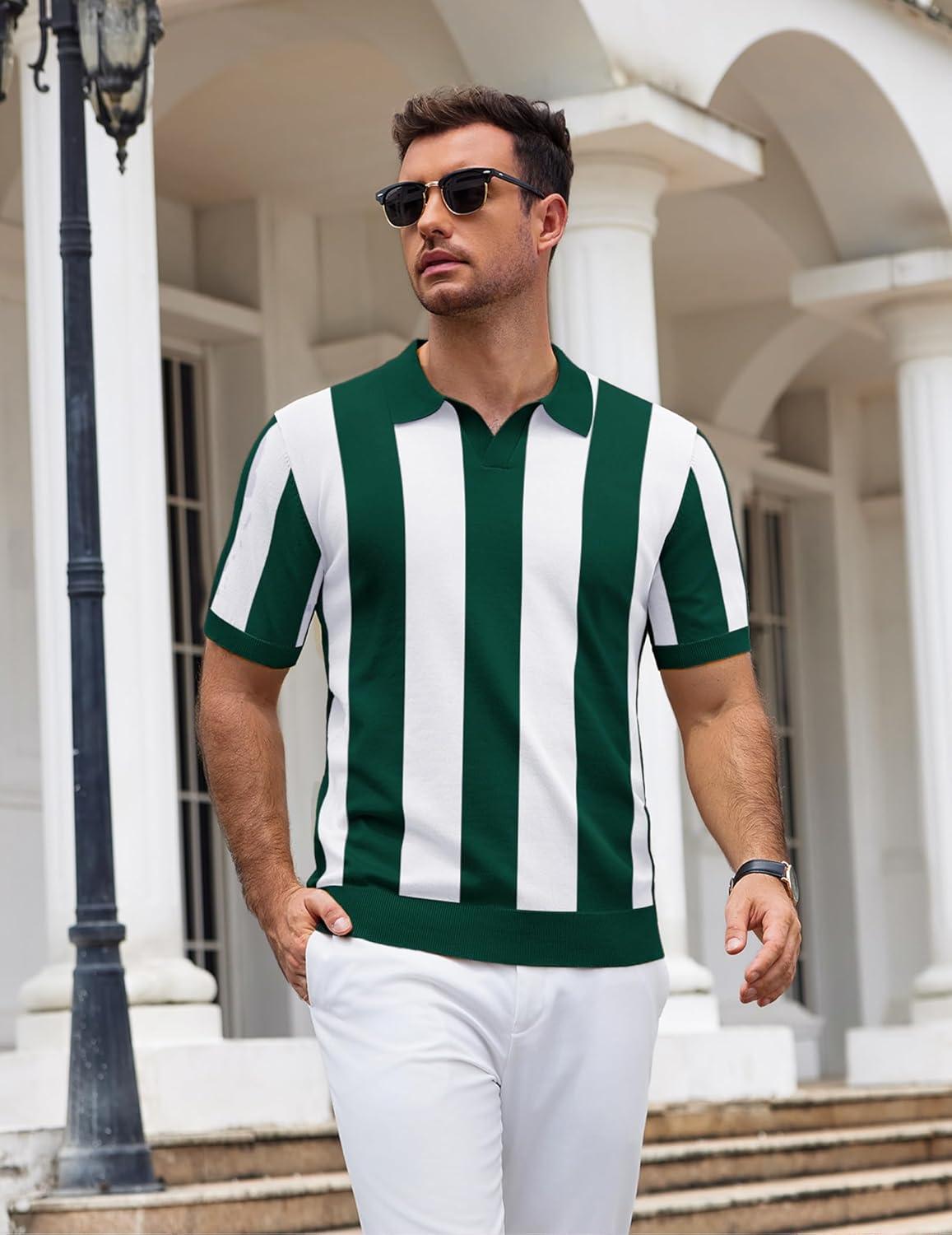 imageCOOFANDY Mens V Neck Short Sleeve Stretch Knit Polo ShirtGreen White Stripes