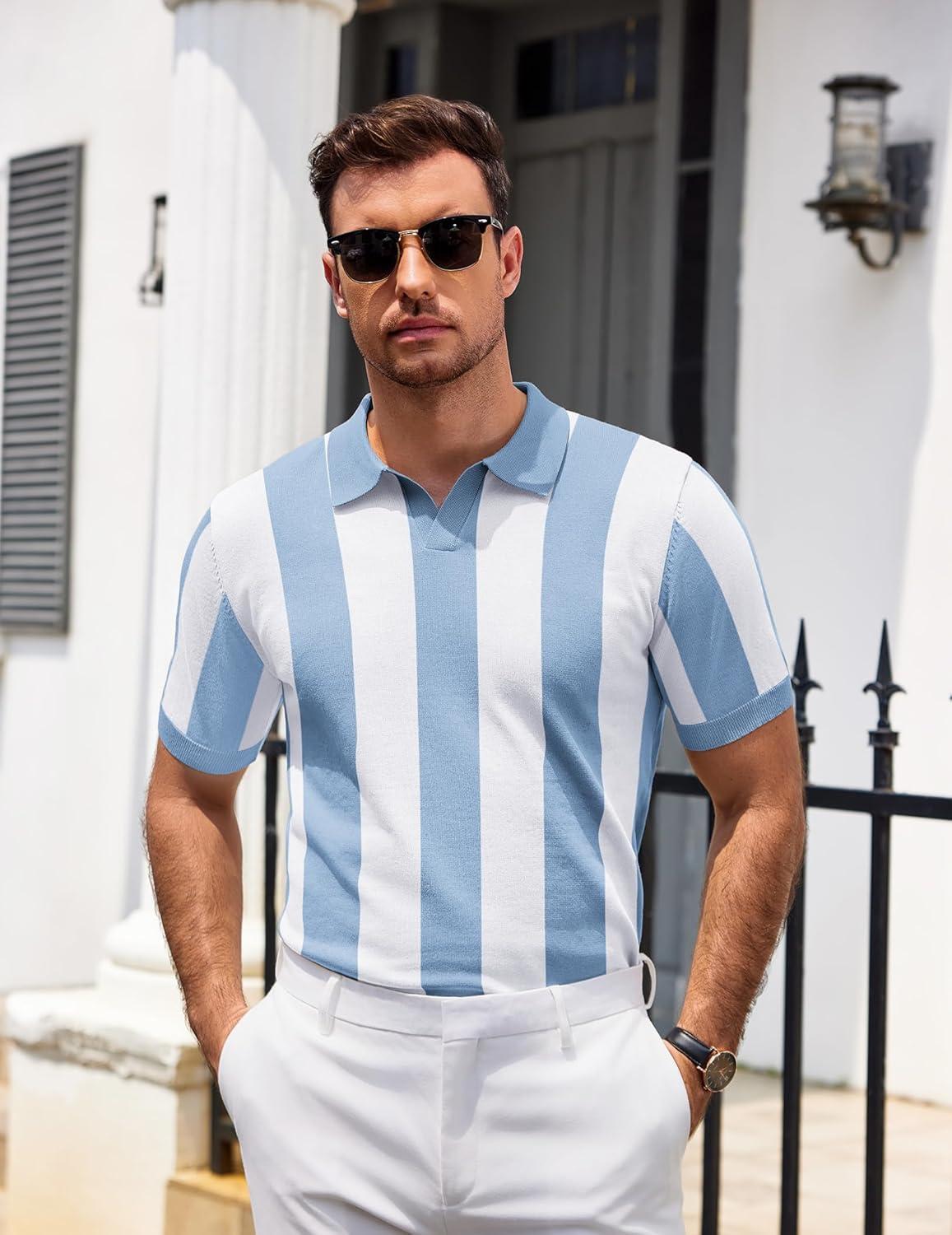 imageCOOFANDY Mens V Neck Short Sleeve Stretch Knit Polo ShirtLight Blue White Stripes