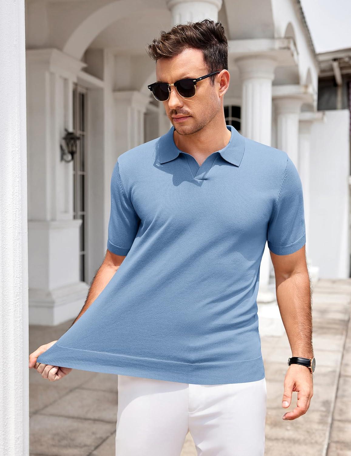imageCOOFANDY Mens V Neck Short Sleeve Stretch Knit Polo ShirtLight Blue