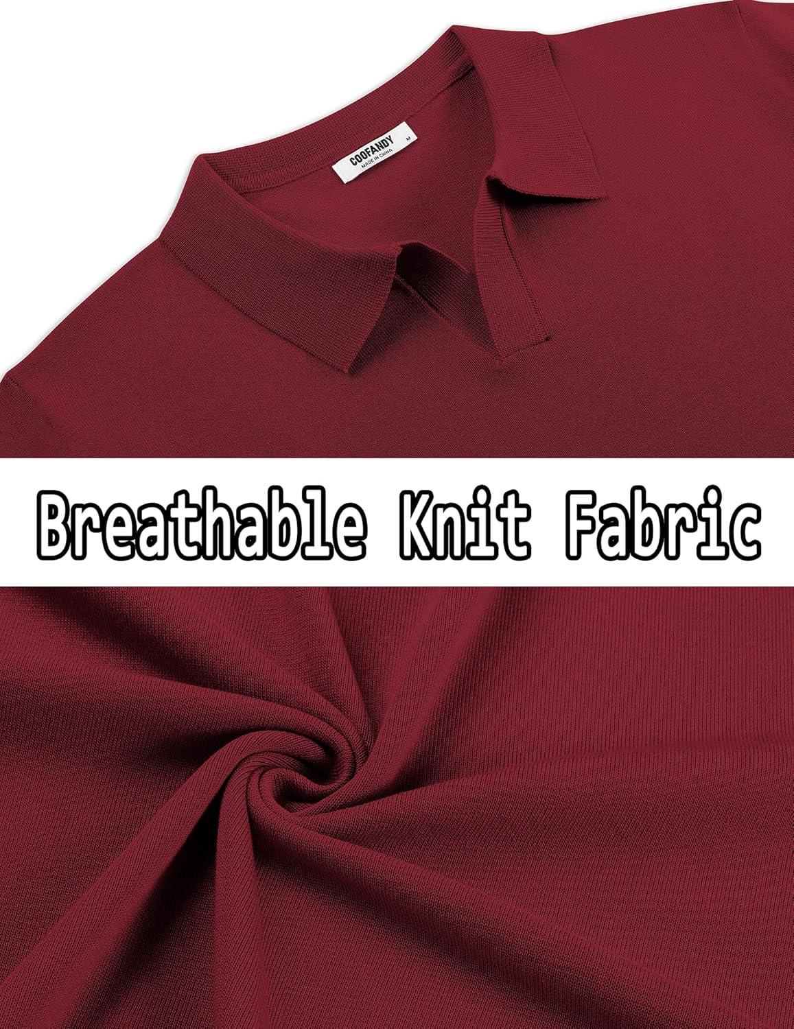 imageCOOFANDY Mens V Neck Short Sleeve Stretch Knit Polo ShirtWine Red