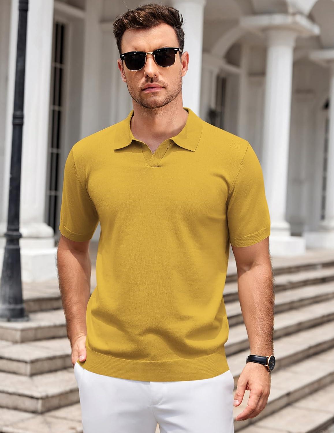imageCOOFANDY Mens V Neck Short Sleeve Stretch Knit Polo ShirtYellow