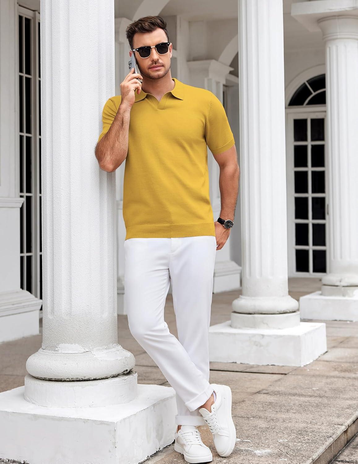 imageCOOFANDY Mens V Neck Short Sleeve Stretch Knit Polo ShirtYellow