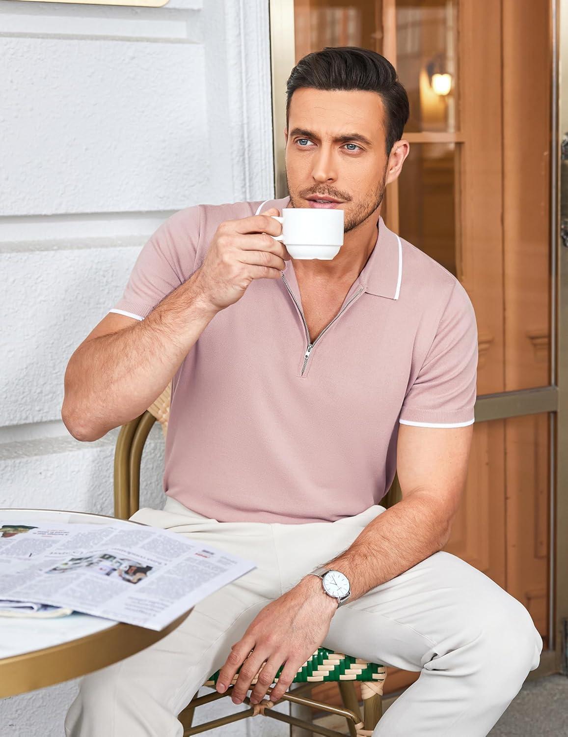 imageCOOFANDY Mens Zipper Polo Shirt Casual Knit Short Sleeve Polo T Shirt Classic Fit ShirtsPinknew