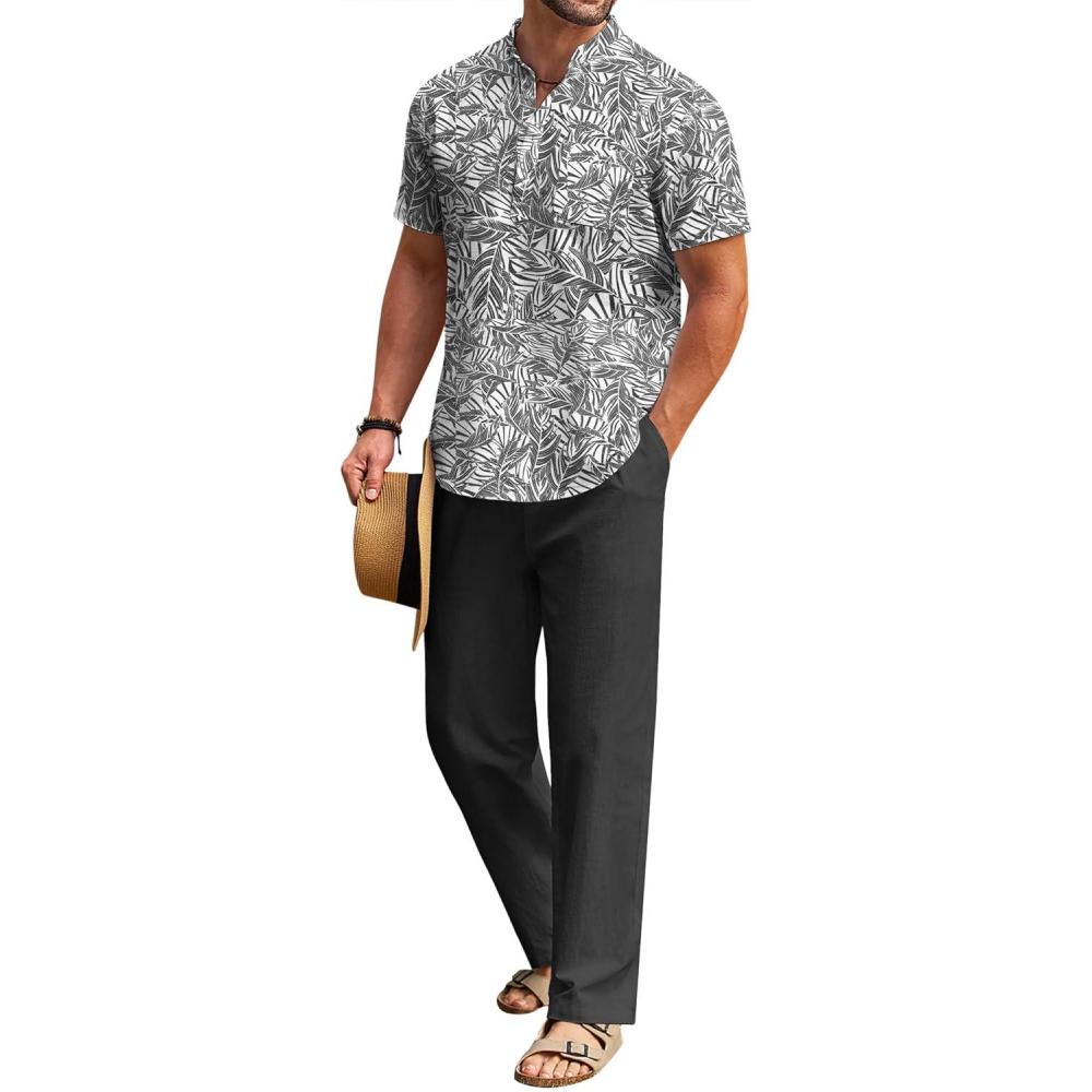 imageCOOFANDY Mens 2 Pieces Cotton Linen Set Casual Short Sleeve Henley Shirts Beach Yoga Pants Summer OutfitsFloral Grey