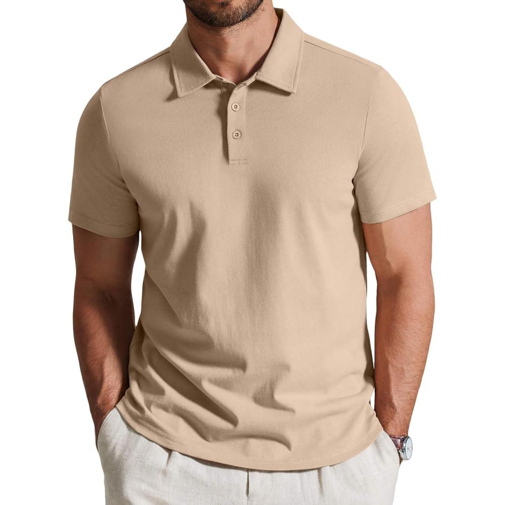 imageCOOFANDY Mens Cotton Polo Shirt Short Sleeve Golf Shirts 3 Buttons Casual Work T ShirtsKhaki