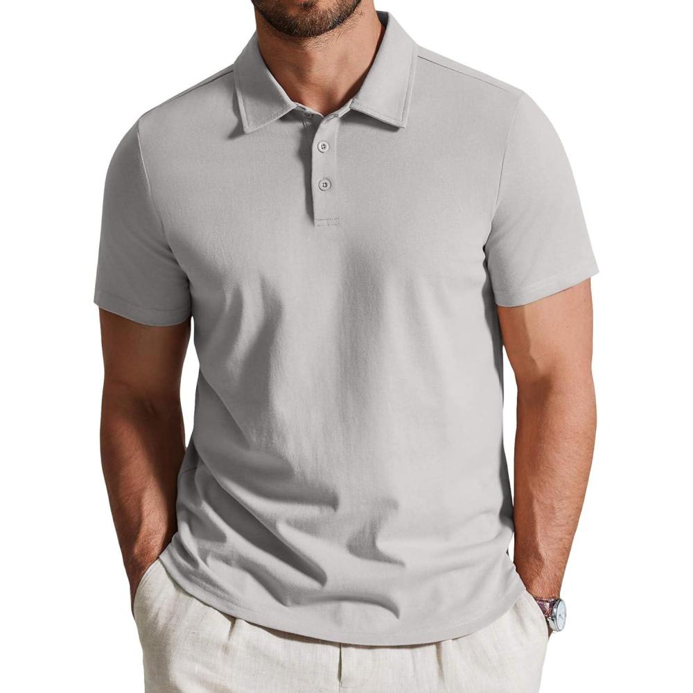 imageCOOFANDY Mens Cotton Polo Shirt Short Sleeve Golf Shirts 3 Buttons Casual Work T ShirtsLight Grey