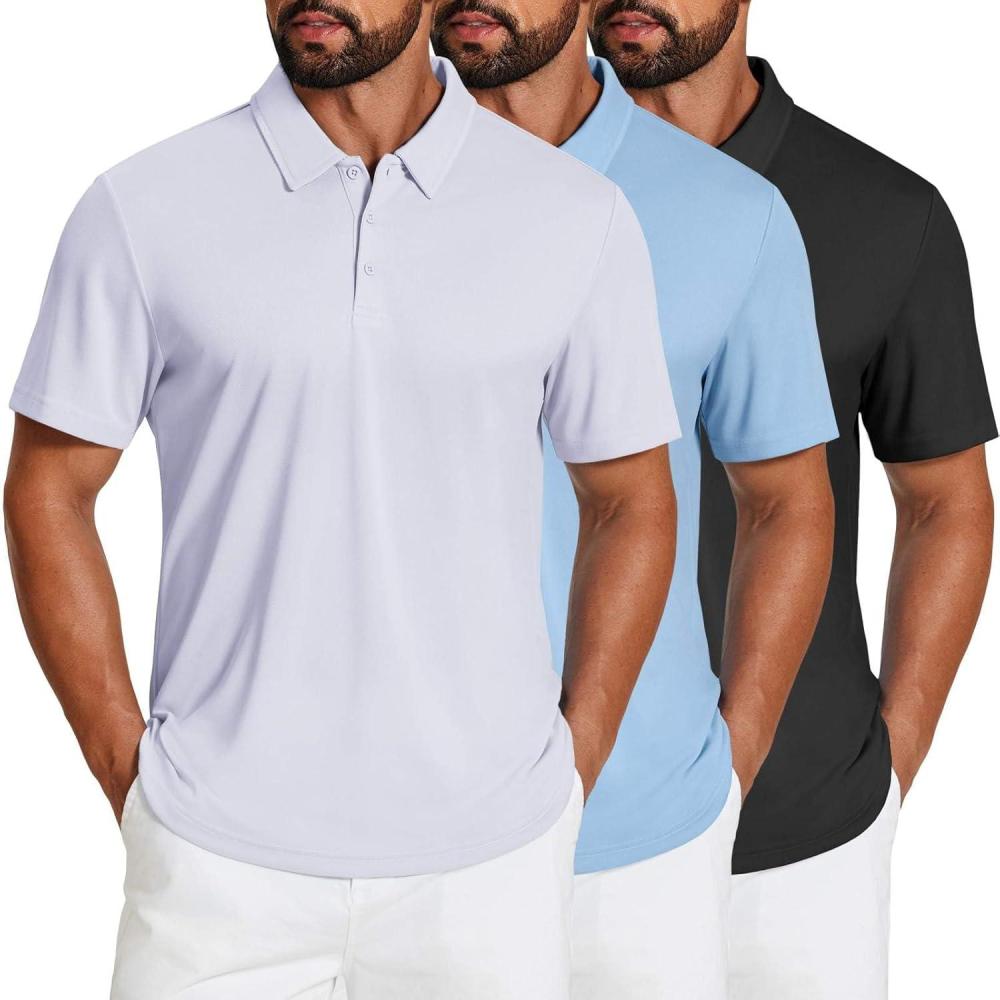 imageCOOFANDY Mens Golf Polo Shirts Short Sleeve Quick Dry Moisture Wicking Performance Collared Golf Shirt for MenBlackwhitelight Blue