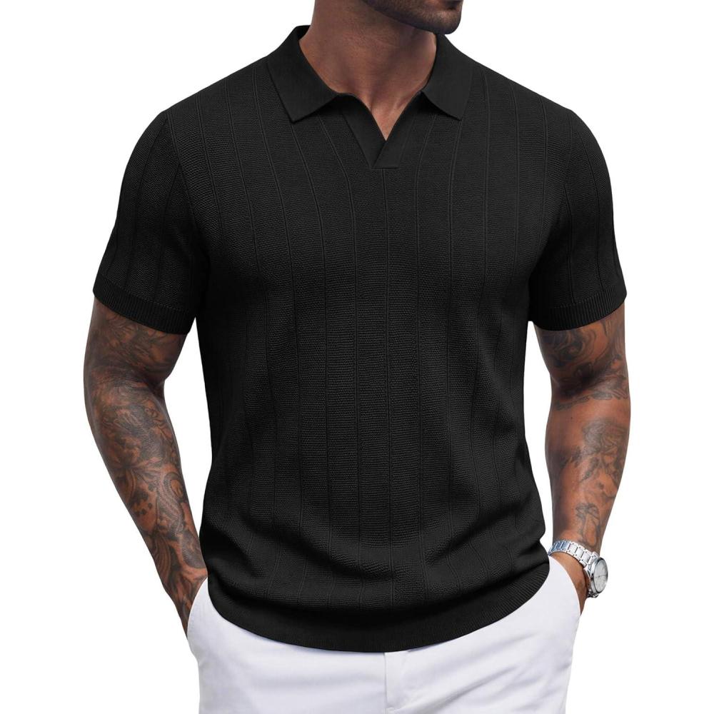 imageCOOFANDY Mens Knit Polo Shirts V Neck Short Sleeve Ribbed Textured Polo Shirt Stretch Casual Golf Shirts Collared T ShirtBlack