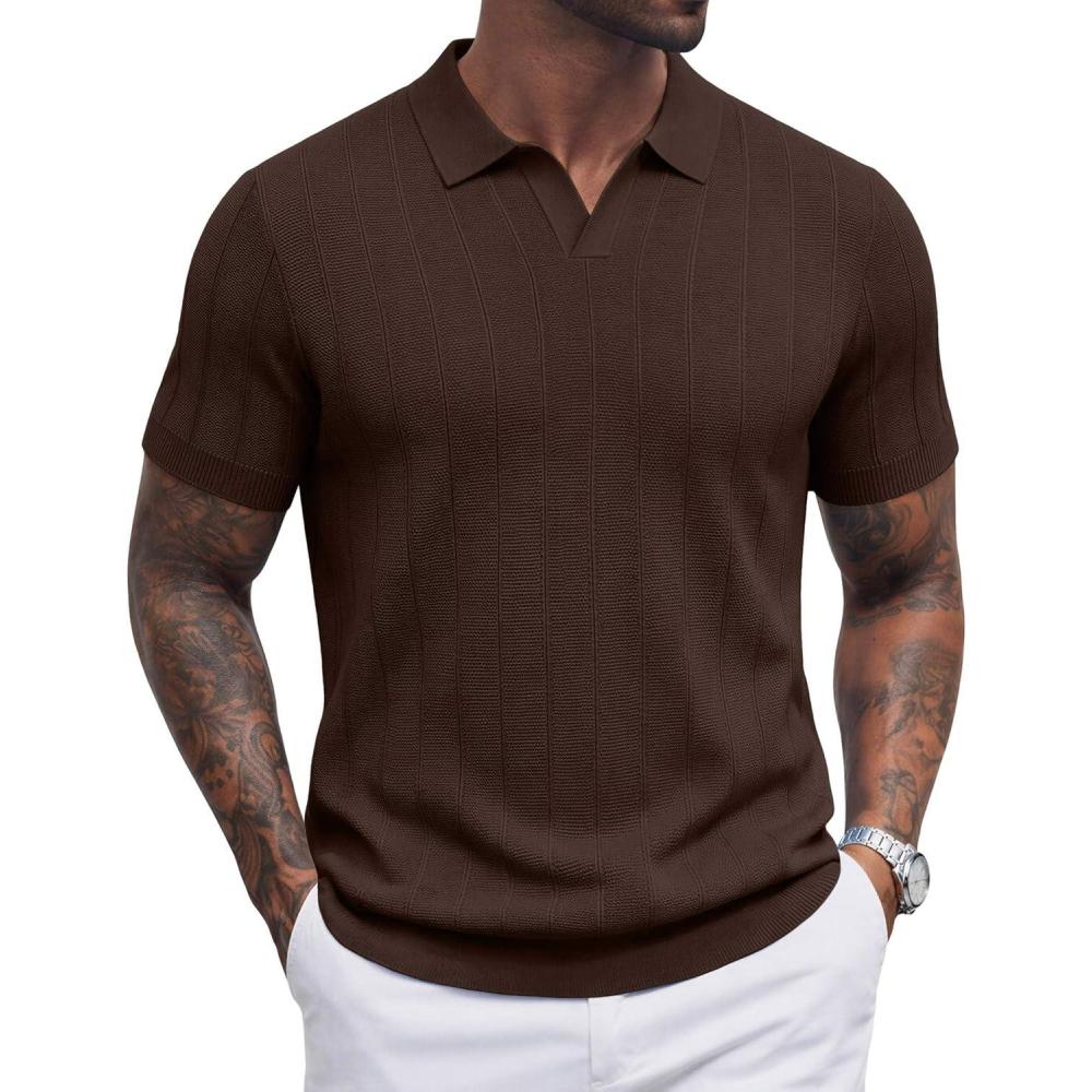 imageCOOFANDY Mens Knit Polo Shirts V Neck Short Sleeve Ribbed Textured Polo Shirt Stretch Casual Golf Shirts Collared T ShirtBrown