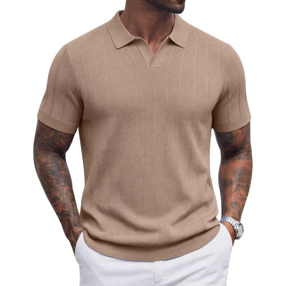 imageCOOFANDY Mens Knit Polo Shirts V Neck Short Sleeve Ribbed Textured Polo Shirt Stretch Casual Golf Shirts Collared T ShirtKhaki