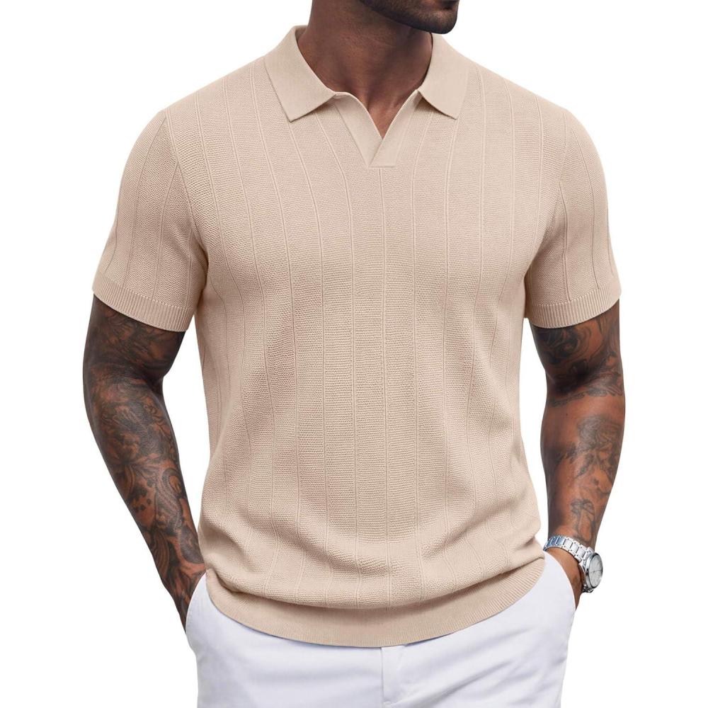 imageCOOFANDY Mens Knit Polo Shirts V Neck Short Sleeve Ribbed Textured Polo Shirt Stretch Casual Golf Shirts Collared T ShirtLight Brown