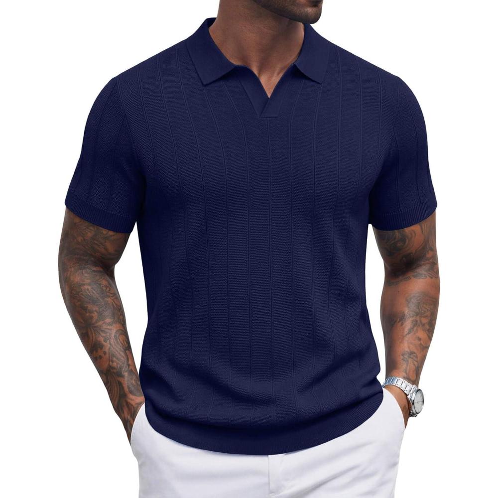 imageCOOFANDY Mens Knit Polo Shirts V Neck Short Sleeve Ribbed Textured Polo Shirt Stretch Casual Golf Shirts Collared T ShirtNavy Blue