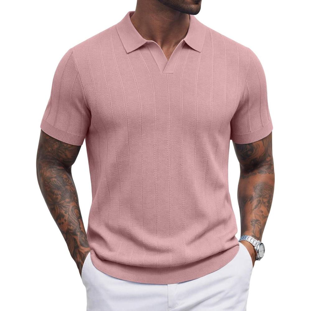 imageCOOFANDY Mens Knit Polo Shirts V Neck Short Sleeve Ribbed Textured Polo Shirt Stretch Casual Golf Shirts Collared T ShirtPink