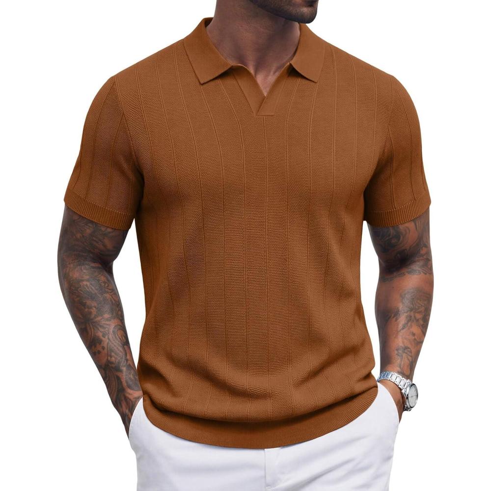 imageCOOFANDY Mens Knit Polo Shirts V Neck Short Sleeve Ribbed Textured Polo Shirt Stretch Casual Golf Shirts Collared T ShirtReddish Brown